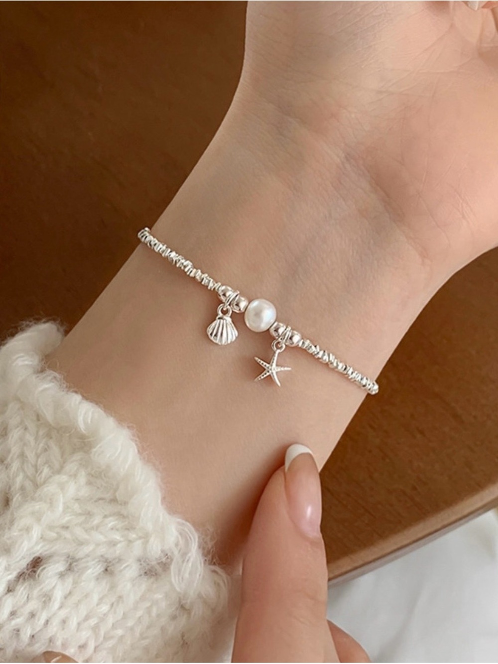 2381 -Ocean Theme Starfish Shell Pendant -Artificial Pearl And 925 Sterling Silv